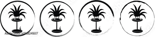 Four circular displaying a black silhouette of a spiky succulent plant in a bowl on a pedestal table with grass