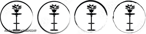 Four circular displaying a black silhouette of a tall pedestal table with a potted plant on white background