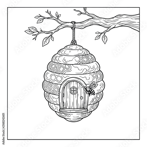 Whimsical Hanging Beehive with a Cute Little Door and Bee Coloring Page