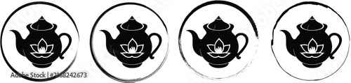 Set of four circular showing a black silhouette of a teapot with a lotus flower on it, white background