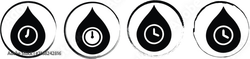 Four circular featuring a black silhouette of a water drop containing a clock symbol, on a white background