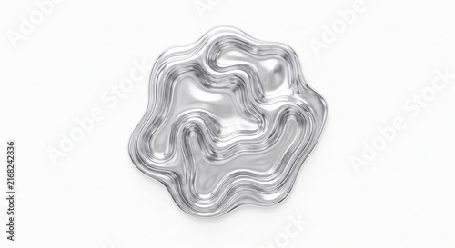 Top-down view of abstract flowing liquid silver mercury texture on white background