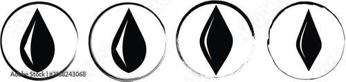 Four circular featuring a black silhouette of a water drop shape, isolated on a white background, style