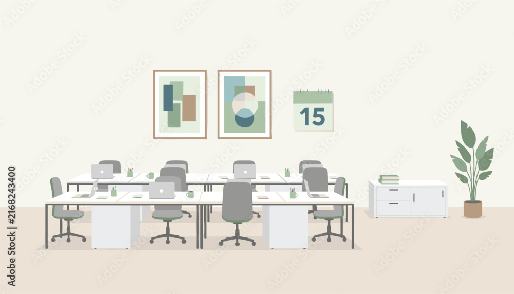 Fototapeta premium Modern open office workspace interior showing rows of desks with laptops, green chairs, calendar, and wall art.