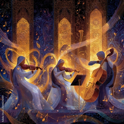 Dreamlike hall performance of a ceremonial string quartet bathed in backlight within an ornate hall of Bahraini-inspired motifs. The ensemble features violinists and a cellist dressed in flowing, lum