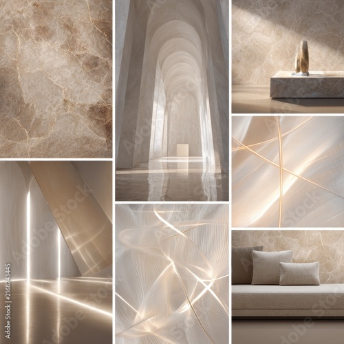 Luxurious minimalist interior collage featuring pale neutral tones, marble surfaces, glass and brushed metal textures, with generous negative space and architectural arches. Delicate glowing lines we