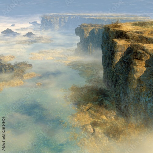 Dreamlike clifftop panorama in an earth-toned fantasy world, luminous HDR with painterly oil textures, misty rivers and amber grasses along a sheer cliff edge, wide cinematic view with deep depth.