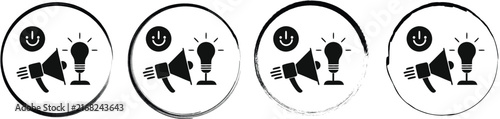 Four circular showing black silhouettes of megaphones, light bulbs, and power buttons on a white background surface