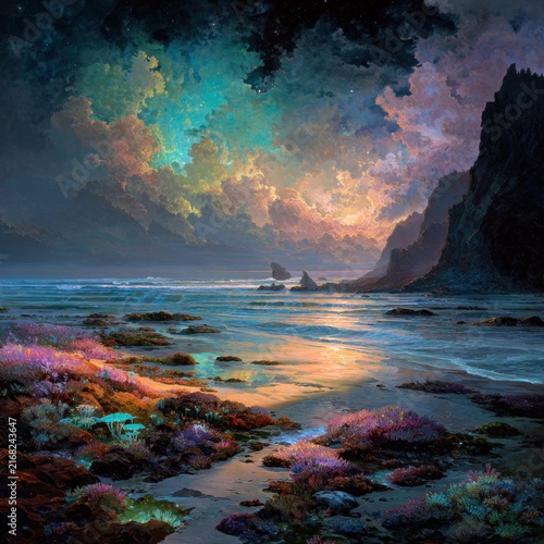 Dreamlike coastal landscape with Nebulous aurora and cosmic textures, a painterly seascape where vibrant sea, sky, and shore glow with bioluminescent flora along a rocky, cliffs-dotted coast.