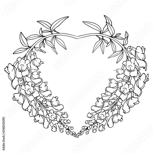 Elegant Heart Shaped Floral Wreath with Leaves and Blooming Flowers Coloring Page