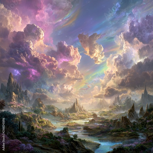 Dreamlike fantasy landscape featuring floating islands and jagged crystalline peaks beneath iridescent, colorful clouds. Ethereal mist curls through luminous valleys, while magical flora and rivers o