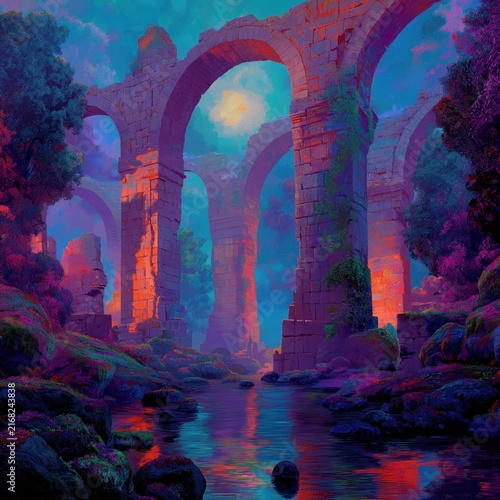 Dreamlike fantasy landscape featuring towering ancient arches rising from mist, illuminated by moonlit glow and surreal violet twilight. Luminous light threads weave between moss-covered stones, arch