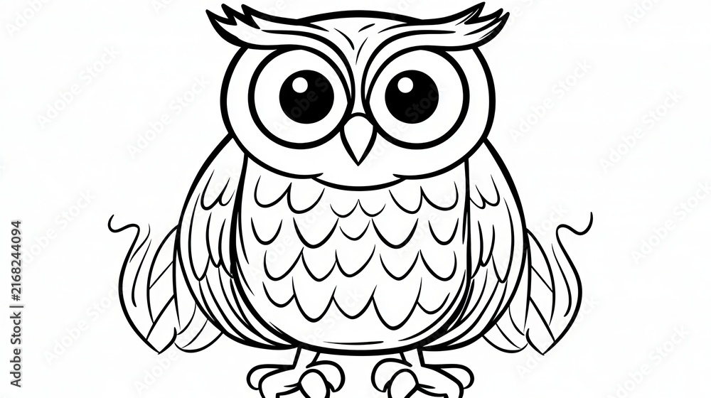 Naklejka premium Minimalist Black And White Illustration Of A Small Cartoon Owl Isolated On A Simple White Background