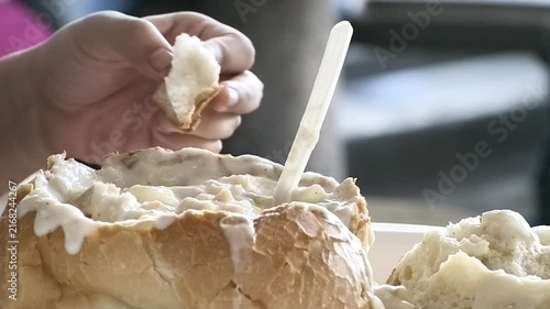 Creamy Seafood Chowder Served Inside Sourdough Bread
