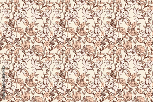 Elegant seamless botanical pattern with detailed brown floral line art on a warm beige background. Ideal for textiles, wallpaper, packaging, stationery and natural branding