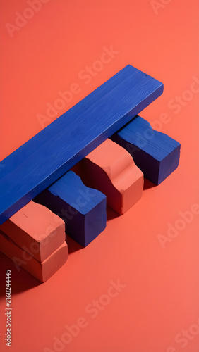 Five irregular work blocks fitting exactly beneath one elevated