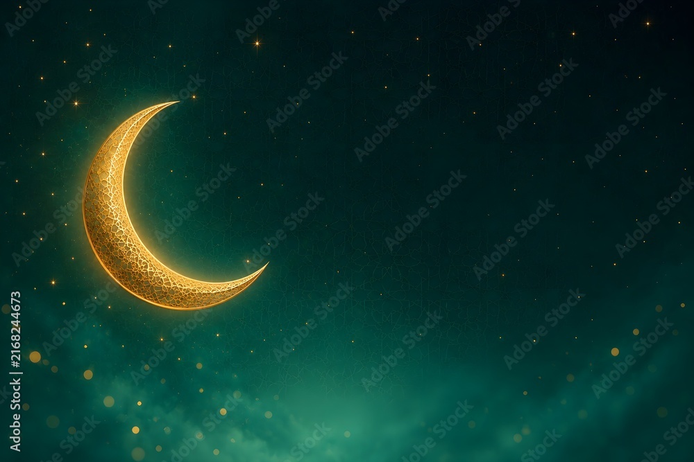Fototapeta premium Golden Crescent Moon with Glowing Stars and Islamic Pattern on Emerald Green Background with Copy Space