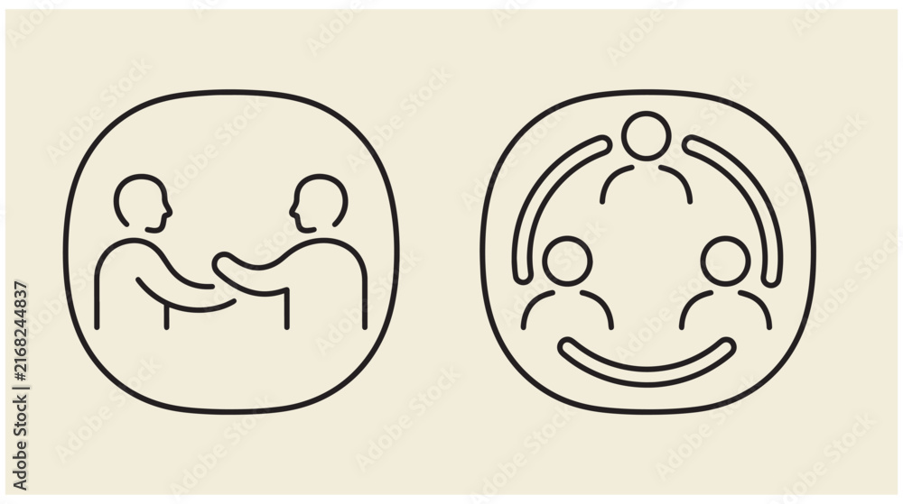 Fototapeta premium Line art icons depicting business handshake partnership and team collaboration network with icon set vector design partnership agreement teamwork connection community