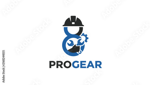 Industrial construction and engineering professional logo featuring safety helmet gear and wrench with brand name progear.