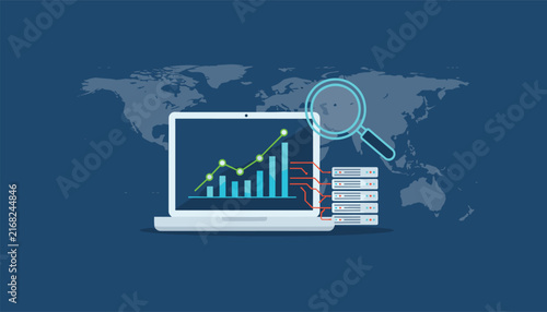 Global data analytics and business intelligence concept with bar charts on laptop screen connected to network servers.