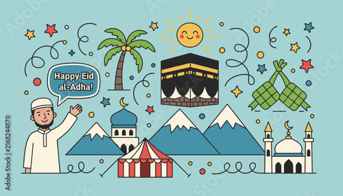 Happy Eid al-Adha celebration greeting card with kaaba mosque and waving muslim character in a cute hand drawn style.