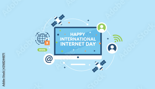 International internet day illustration with desktop computer surrounded by satellites and social media connectivity icons.