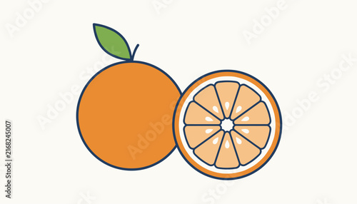 Simple vector illustration of a fresh whole orange with green leaf and a sliced half showing colorful citrus segments.