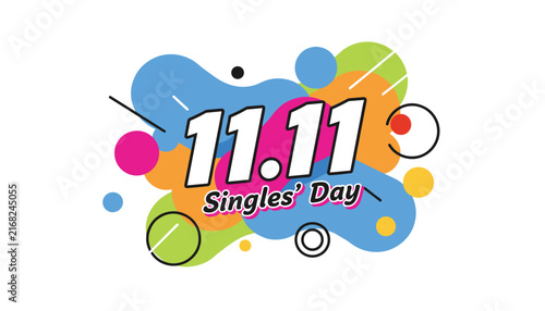 Colorful singles day promotional banner with abstract fluid shapes and eleven eleven discount shopping celebration text.