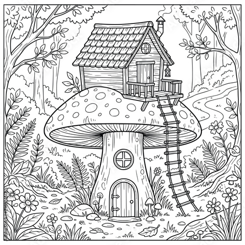 Whimsical Cottage on a Giant Mushroom with Ladder in a Magical Forest Coloring Page