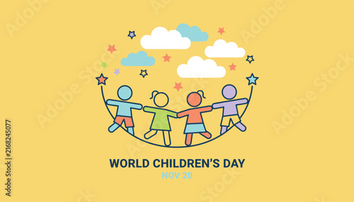 World childrens day banner featuring diverse group of happy kids holding hands together under a cloudy starry sky.