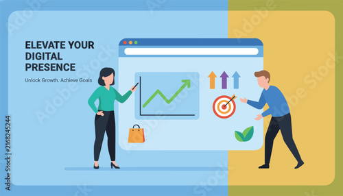 Digital marketing professionals presenting business growth charts and working towards hitting key performance targets.