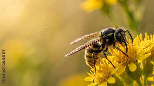 Yellow jacket wasp foraging on bright spring wildflower in sunny garden