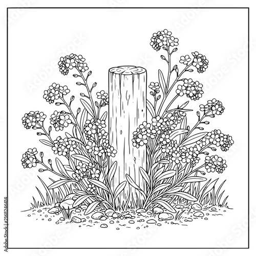 Beautiful Blooming Wildflowers Around a Wooden Post Coloring Page for Adults and Kids