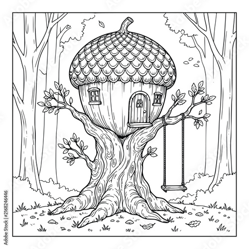 Whimsical Acorn House in a Tree with a Swing Coloring Page for Kids and Adults