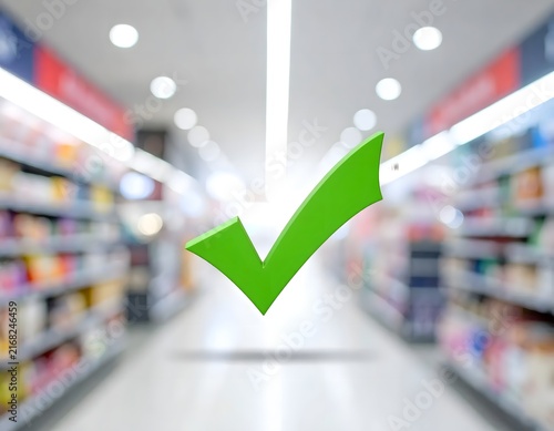Green Checkmark Symbol Prominently Displayed in a Blurred Retail Store Aisle Signifying Successful Shopping