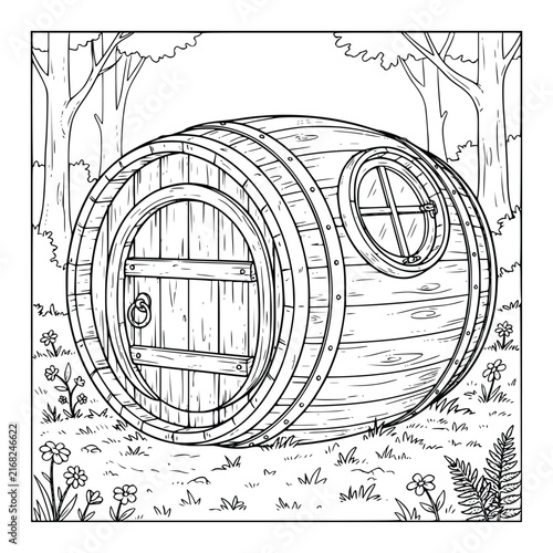 Whimsical Wooden Barrel House in a Forest Coloring Page for Kids and Adults