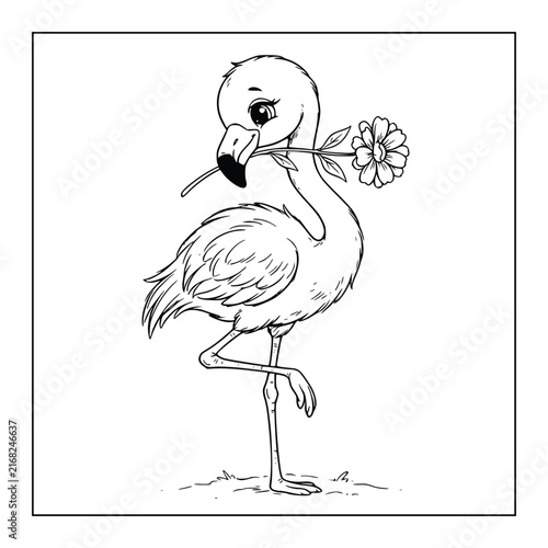 Cute Little Flamingo Holding a Flower in its Beak Coloring Page for Kids