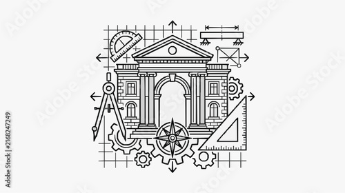 Architectural Blueprint Engineering Minimalist Black and White Design