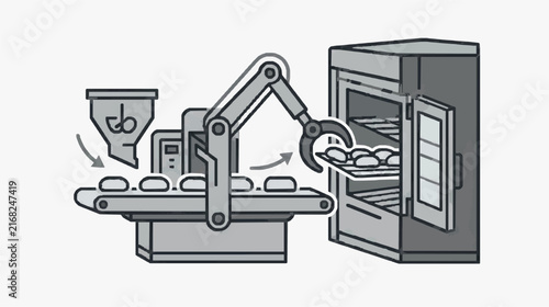 Automated Industrial Food Processing Line with Robotic Arms and Oven Minimalist Gray