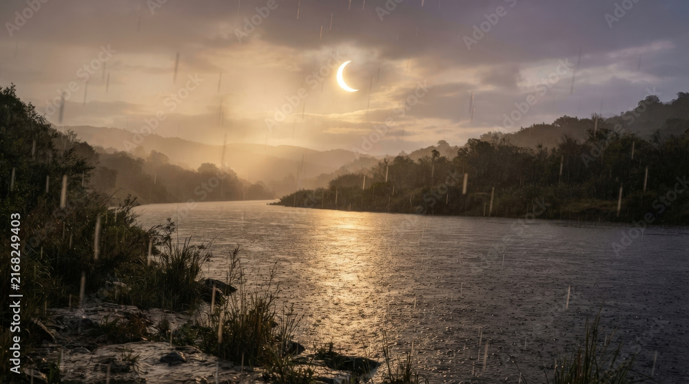 Fototapeta premium Crescent solar eclipse emerges through rain storm clouds over wide river flowing amidst lush green forest mountains at sunset golden hour.