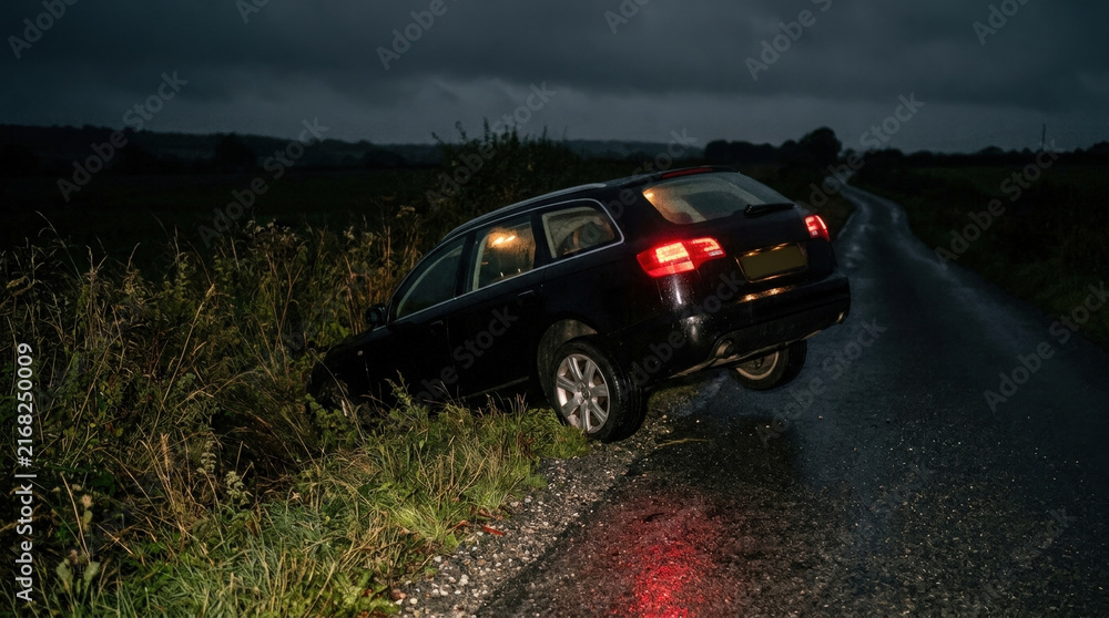 Naklejka premium Dark station wagon veered off wet rural road into grassy ditch at night under stormy skies with glowing tail lights on lonely asphalt.