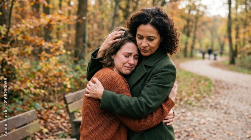 Fototapeta premium Woman comforting crying friend in autumn park with fallen leaves and trees