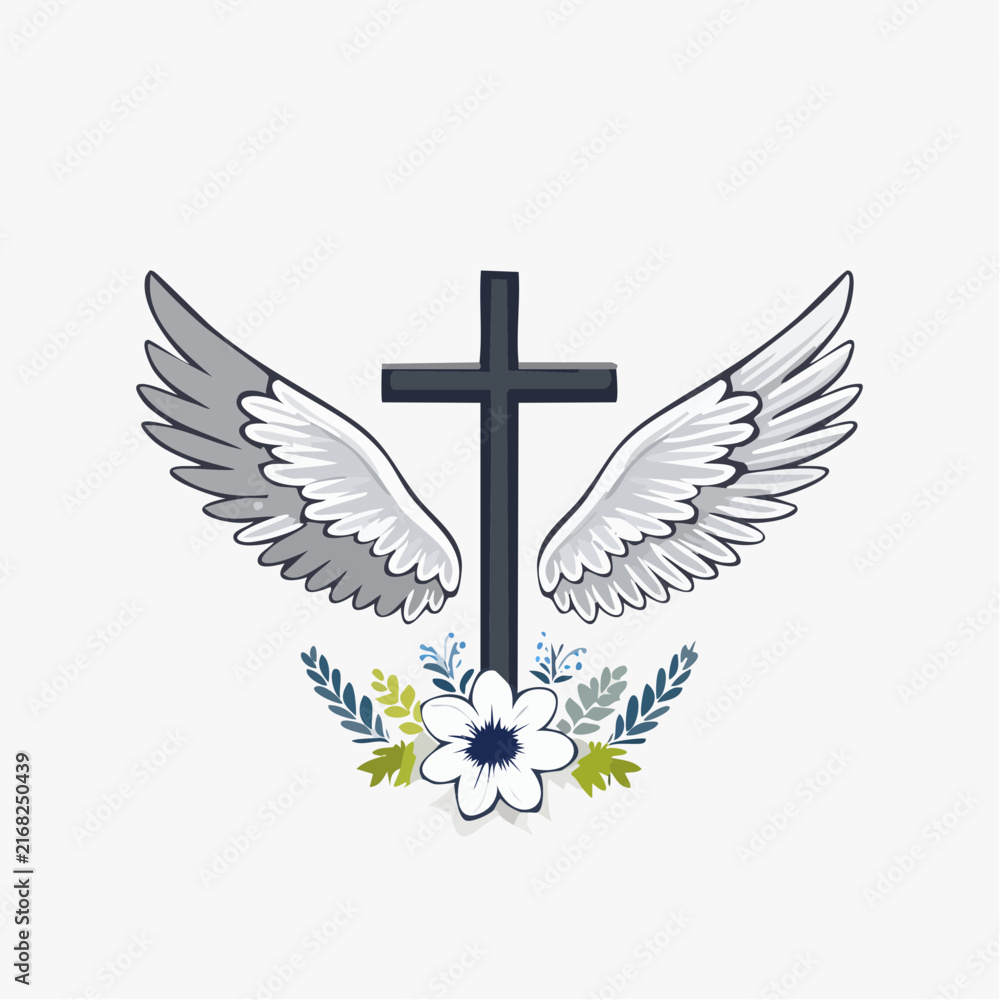Fototapeta premium Christian cross vector illustration with angel wings and flower arrangement for faith and memorial designs