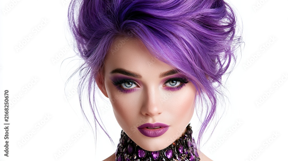 Fototapeta premium Vibrant purple hairstyle with dramatic makeup and intense gaze, showcasing bold beauty trends and unconventional style for creative and fashion concepts