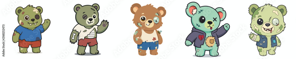 Fototapeta premium Set of 5 Cute Halloween Zombie bear Character Illustrations