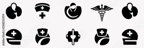 Nurse hat silhouettes icons, healthcare headwear symbols for nursing professionals, hospital staff, medical uniforms, clinical services, and care facilities.