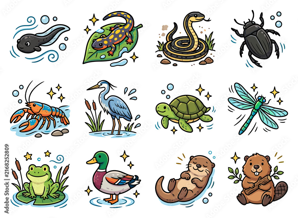 Obraz premium Cute cartoon animals like a frog beaver and otter in a vibrant nature setting