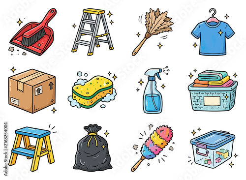 Cleaning supplies with dusters ladders spray bottle sponge and laundry basket while organizing with boxes and trash bags