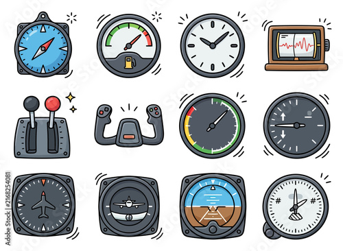 Airplane dashboard instruments including compass and clock with aviation gauges and controls
