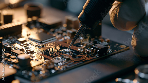 Specialist assembling custom drone flight electronics using a fine-tip soldering iron on an ESD-safe workbench